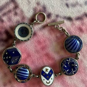 ANTIQUE CERAMIC AND GLASS BUTTONS IN STERLING SILVER CHARM BRACELET